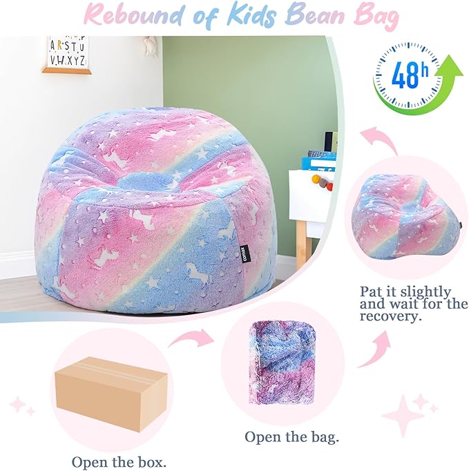 COMAX Unicorn Bean Bag Chairs for Kids, Toddler BeanBag Sofa with Filler Bean Couch Stuffed for Boys and Girls, Lazy Floor Chair for Playroom, Nursery Room, Glowing Rainbow