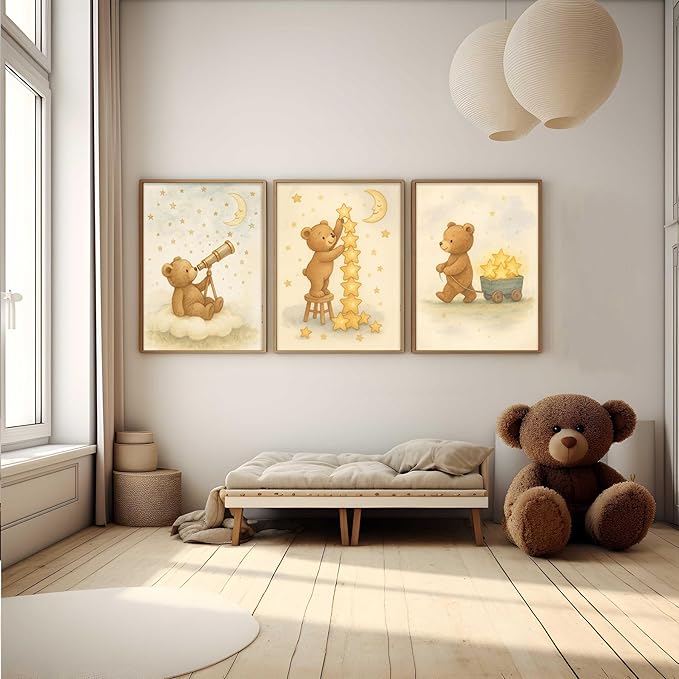 3Pcs Bear Nursery Wall Art Cute Teddy Bear with Stars and Moon Poster Animals Playing with Stars and Telescope Neutral Baby Room Decor Dreamy Prints for Kids and Babies Bedroom 12x16in Unframed