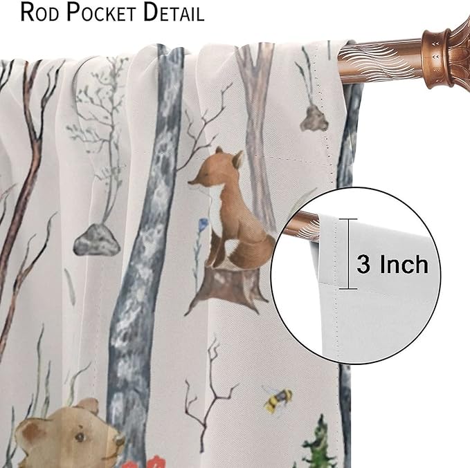 Rustic Forest Window Curtains Curtains, Woodland Animal Bear Deer Hedgehog Fox Forest Squirrel Watercolor Blackout Rod Pocket Window Treatments Drapes for Boys Girls Bedroom 63x63in