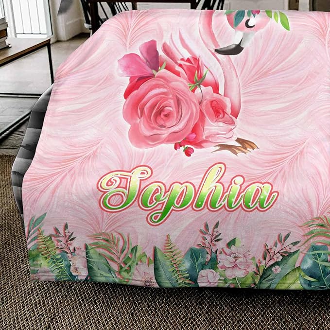 Personalized Baby Blanket for Girls Boys on Christmas Birthday, Ship Next Day, Pink Flamingo Blankets- Printed in USA, Custom Toddlers Blanket with Name for Baby Shower Kids Teens Toddlers Newborn