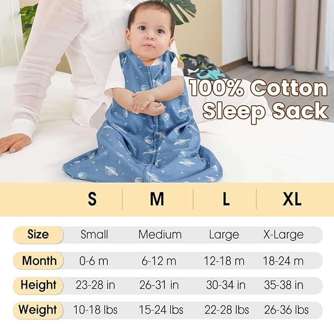 PHF Soft Baby Sleep Sack 0-6 Months 100% Organic Cotton Wearable Blanket, 2-Way Zipper 0.5 TOG Toddler Sleeping Sack 3 Pack, Comfy Sleep Bag for Baby Boys Girls, Navy Space (Small)