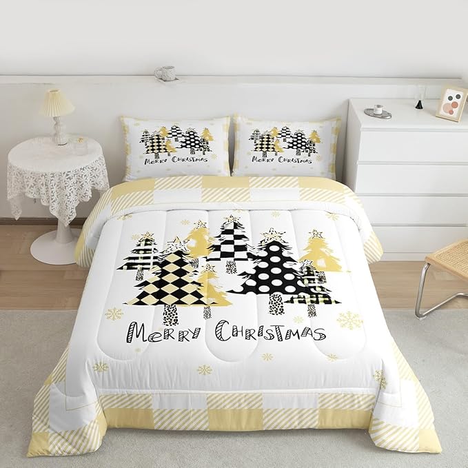 Manfei Xmas Tree Comforter Set Queen Size, Yellow Plaid Grid Snowflake Down Comforter with 2 Pillowcases, Christmas Theme Bedding Set 3pcs for Kids Girls Adults Room Decor New Year Duvet Insert