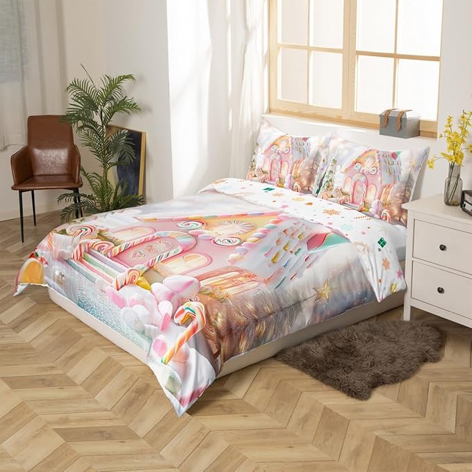 Manfei Christmas Kids Duvet Cover Set Twin Size, Cute Candy Cabin Xmas Bedding Set for Boys Girls Room Decor, New Year Theme Comforter Cover, Lightweight Bedspread Cover, 1 Pillowcase, No Comforter