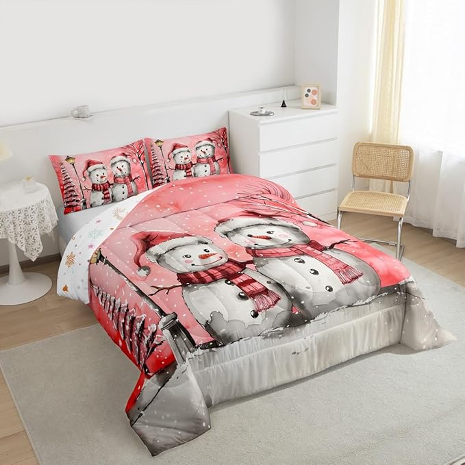 Feelyou Christmas Bedding Set Soft for Boys Girls, Pink Watercolor Snowman Comforter Set Toddler Size Xmas Winter Duvet Quilt Microfiber Snowflake Bedroom Decor 2 Pcs with 1 Pillow Cases