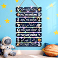 Cool Classic Space Astronaut Sign Nursery Wall Decor Set of 8, 16x5 Modern Motivational Cute Rocket Planets Plaque Wall Art for Baby Boy Kid Teen Toddlers, 4 PCS Wooden Gallery Quote Gift for Gameroom