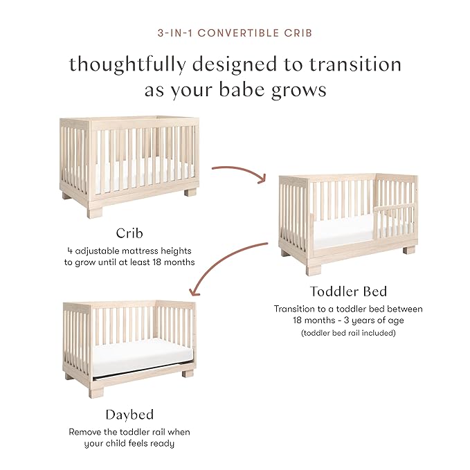 Babyletto Modo 3-in-1 Baby Crib Convertible to Toddler Bed & Daybed - Includes Toddler Conversion Kit - GREENGUARD Gold Certified - 100% Solid Wood Crib for Baby, 4 Adjustable Heights - Washed Natural