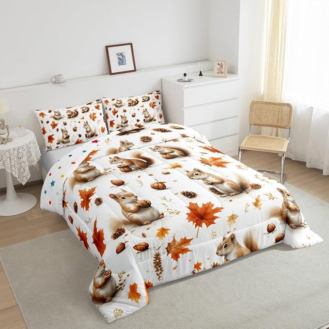 Feelyou Boys Girls Fall Autumn Duvet Cover Twin Size, Cute Squirrel Comforter Set Cartoon Animal Comforter Cover Kids Maple Leaf Teens Bedspread Cover Bedroom Decor Bed Set 2Pcs