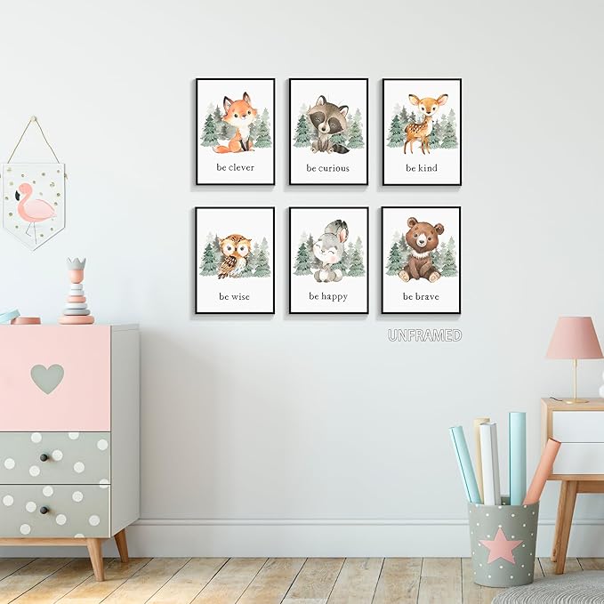 gooptyinh Woodland Nursery Animal Canvas Wall Art, 6 Piece Inspirational Forest Animals Print Posters, Motivational Quotes Cute Bear Fox Rabbit Deer Raccoon Owl Decor for Baby Bedroom 8x10in Unframed