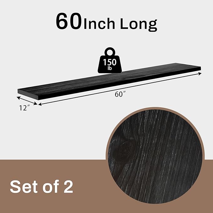 12x60 Inch Rustic Wood Floating Shelves 2-Pack - Farmhouse Black Wall Shelves with 100 lbs Capacity, Easy Installation for Living Room, Kitchen, Bathroom (Black, 2T60IN)