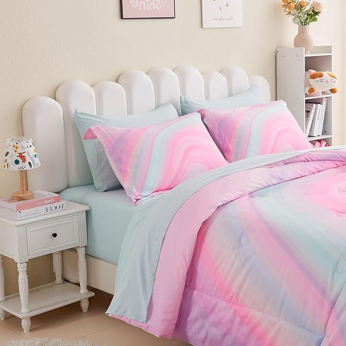 Wajade Girls Pink Comforter Set Bed in A Bag Full Size 7 Piece 3D Colorful Tie Dye Pink Rainbow Bedding Set for Teens Girls (1 Comforter, 1 Flat Sheet, 1 Fitted Sheet, 2 Pillowcase and 2 Pillow Sham)