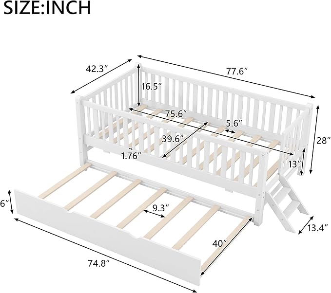 LUMISOL Twin Size Low Platform Bed Frame with Trundle, Wood Floor Bed with Ladder & Fence Guardrail for Kids Teens Girls Boys, No Box Spring Needed, White