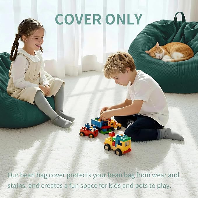 Nobildonna 3 ft Bean Bag Chair Cover (No Filler) 35"×43" Large Stuffed Animal Storage Bean Bag Washable Big Beanbag Chair Cover Premium Corduroy Bean Bag Cover for Adults,Kids,Hunter Green 300L