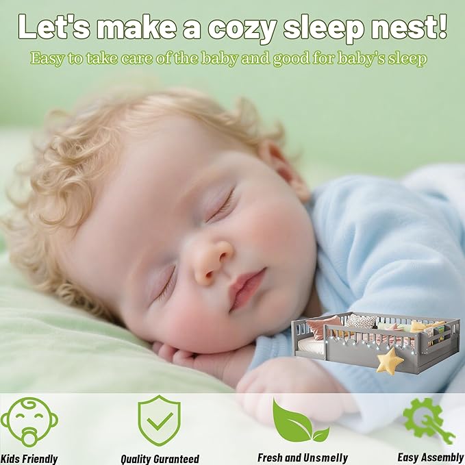Twin Size Montessori Bed, Wood Twin Montessori Floor Bed with High Rails & Storage Shelf, Baby Floor Beds with LED Light for Boys & Girls, Gray
