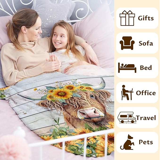 Highland Cow Blanket, Cute Cow Throw Blanket Gift for Women Girls Highland Cow Lovers, 50x40 Inches Soft Fuzzy Flannel Sunflower Blankets for Crib Couch Sofa Travel