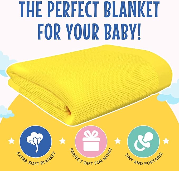 Thermal Waffle Knit Baby Blanket - Soft Breathable Mini Blanket for Newborns and Infants - Toddler Blankey for Strollers, Travel, Naptime, Nursery and More - 18" x 20" (Yellow, Satin Trim)