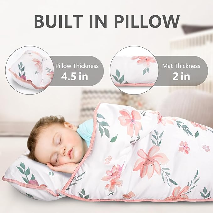 Primlect Thickened Toddler Nap Mat with Removable Pillow and Minky Blanket, Extra Large 55''x35'' Sleeping Bag, Washable, Roll up, Perfect for Daycare, Preschool, Kindergarten, Boys and Girls Flowers