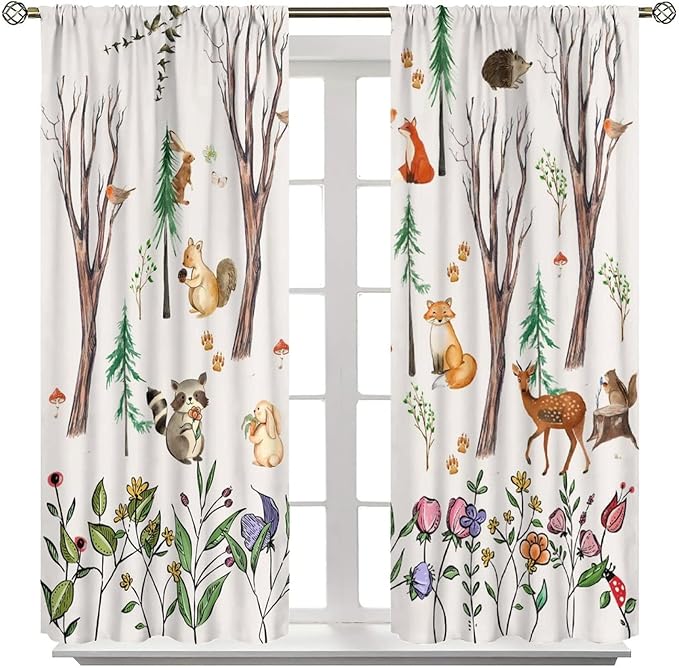 Forest Animal Kids Curtains, Watercolor Cartoon Window Treatments, Cute Animal Floral Girl Toddler Home Bedroom Living Room Drapes 63x63in