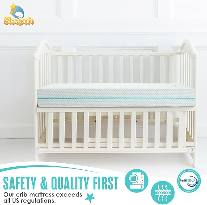 Sleepah 6" Crib & Toddler Bed Mattress Dual Sided (Firm & Plush) Cooling Memory Foam – Waterproof Washable Breathable Soft Cotton Fabric – CertiPUR Baby Mattresses - for Baby & Toddlers (Blue)