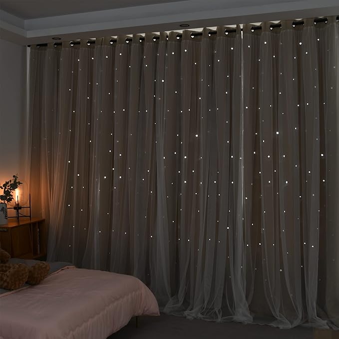 Kinryb Kids Blackout Curtains for Bedroom/Living Room/Classroom, Sheer Overlay 2 Panel Set, Double Layer Curtains with Star Cutout for Kids Room(Each Piece W 70 x L 72 Inches 2 Pcs Beige)