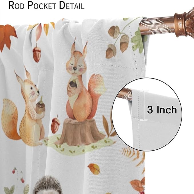 Fall Animails Curtains for Kids, Rustic Cute Woodland Wild Animal Window Treatments Watercolor Autumn Leaves Cartoon Fox Deer Window Drapes for Nursery Toddler Bedroom 42x45in(Decor)