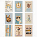 9 Pieces Nursery Canvas Wall Art, Cute Milkshake Cat Poster, Happy Bear and Violin Playing Monkey Kids Poster, Boys Playroom Cars Picture, Cozy Rainbow Dots and Smiling Moon Print 12x16in Unframed