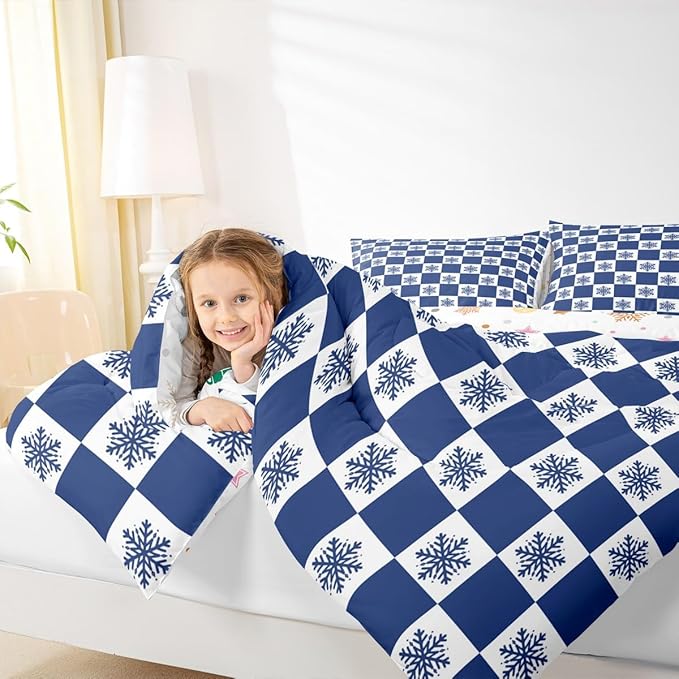 Feelyou Christmas Bedding Set Soft for Boys Girls, Checkered Comforter Set Toddler Size Snowflake Duvet Quilt Microfiber Xmas Decorations Bedroom Decor Blue 2 Pcs with 1 Pillow Cases