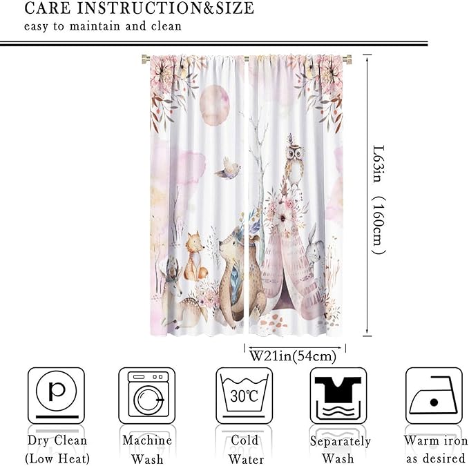 Forest Animal Curtains for Kids, Pink Watercolor Woodland Animal Window Treatments Fox Deer Owl Wildlife Safari Jungle Bear Window Drapes for Girls Nursery Toddler Bedroom 42x63in