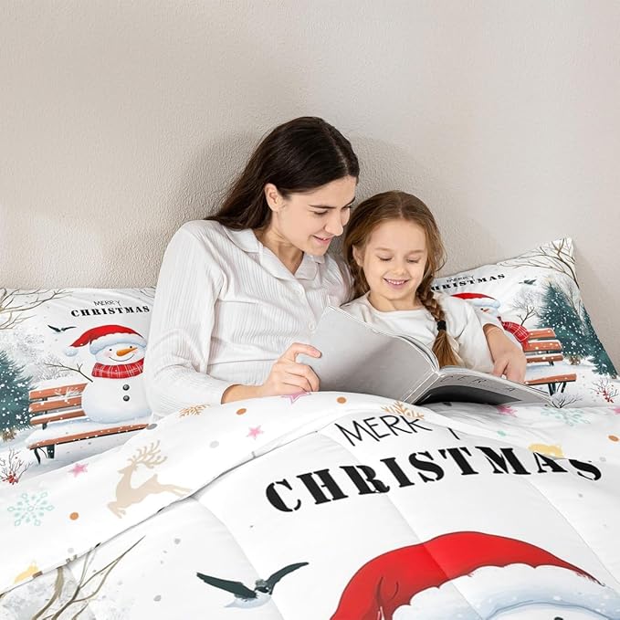 Feelyou Merry Christmas Comforter Set Full Size Cute Snowman Bedding Set for Kids Boys Girls Snowflake Duvet Quilt Christmas Tree Bedroom Decor Microfiber 3 Pcs with 2 Pillow Cases