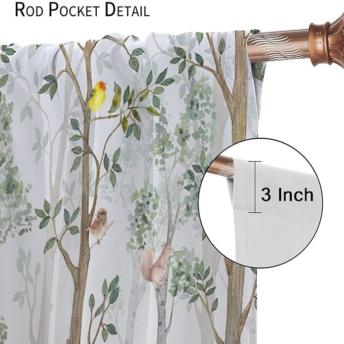Kids Watercolor Woodland Animal Window Curtains, Bear Deer Squirrel Hedgehog Fox Birds Green Forest Blackout Rod Pocket Treatment for Boys Girls Bedroom 84x84in