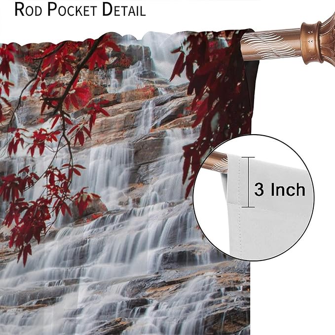 Waterfall Blackout Windows Curtains, Waterfall Red Forest Pattern Nature View Curtains, for Living Room Bedroom 72x63in 2 Panels