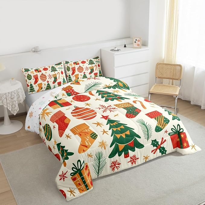 Feelyou Christmas Comforter Set All Season Xmas Tree Bedding Set with 2 Pillow Cases New Year Gift Microfiber Kids Queen Bedclothes Christmas Stockings Bedroom Decor Duvet Quilt Breathable Soft