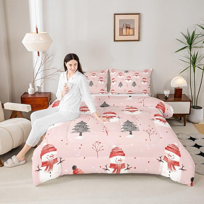 Feelyou Cute Snowman Bedding Set Soft for Boys Girls, Christmas Trees Comforter Set Queen Size Xmas Snowflake Duvet Quilt Microfiber Christmas Decor Bedroom Decor Holiday 3 Pcs with 2 Pillow Cases