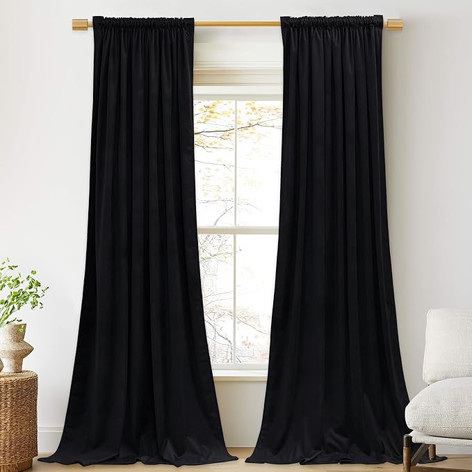 StangH Black Curtains 144 inches Long Soft Velvet Blackout Thermal Insulated Window Drapes Back Tab Luxury Home Decor for High Ceiling/Villa, W52 x L144, 2 Panels