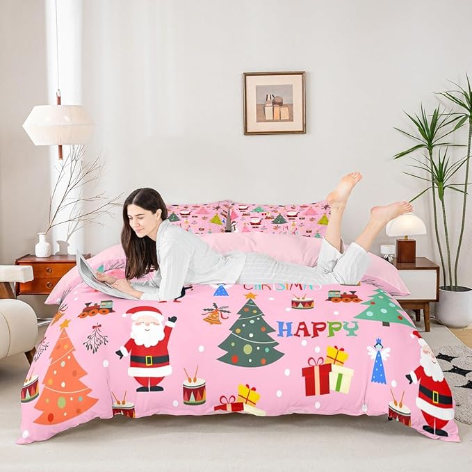 Christmas Bedding Duvet Cover Set Kids Santa Claus Xmas Theme Bedding Set Boys Girls Decor Christmas Tree Comforter Cover Set Microfiber Pink New Year Bedspread Cover Bedroom Bedclothes Queen Size