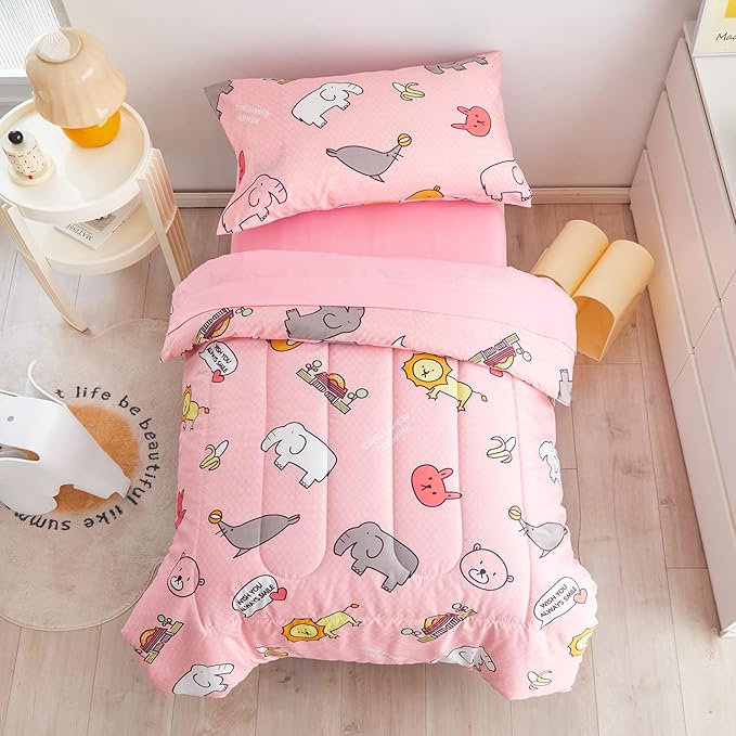Flysheep 4 Pieces Pink Toddler Bedding Set, Elephant Lion Animals Printed for Baby Girls - Includes Quilted Comforter, Flat Sheet, Fitted Sheet & Pillow Case, Soft Microfiber