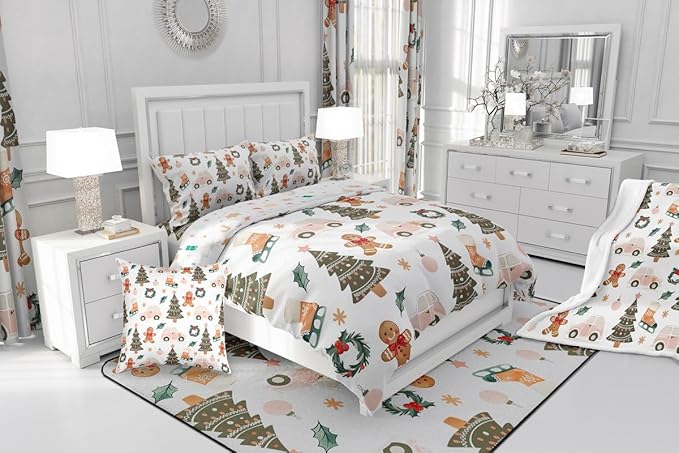 Feelyou Xmas Tree Car Comforter Set All Season Gingerbread Man Bedding Set with 1 Pillow Cases Garland Microfiber Kids Toddler Bedclothes Bedroom Decor Duvet Quilt Breathable Soft