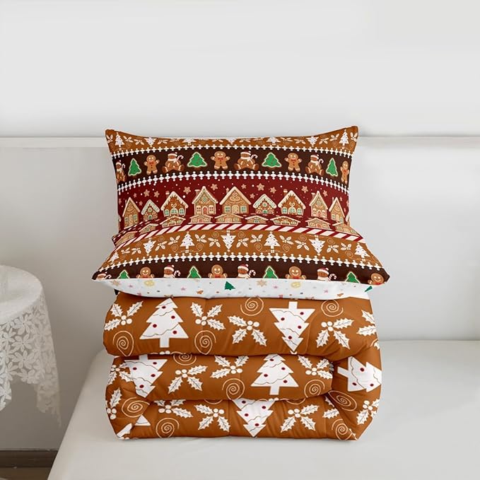Feelyou Merry Christmas Comforter Set King Size Greenland Home Bedding Set for Kids Boys Girls Xmas Tree Duvet Quilt Striped Bedroom Decor Microfiber 3 Pcs with 2 Pillow Cases