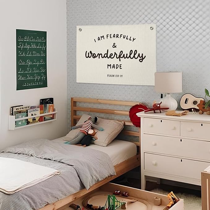 Kids Room Decor - Bible Verse Wall Hanging, 'I am Fearfully and Wonderfully Made' Linen Banner, Canvas Decoration for Classroom, Nursery, Kids Room