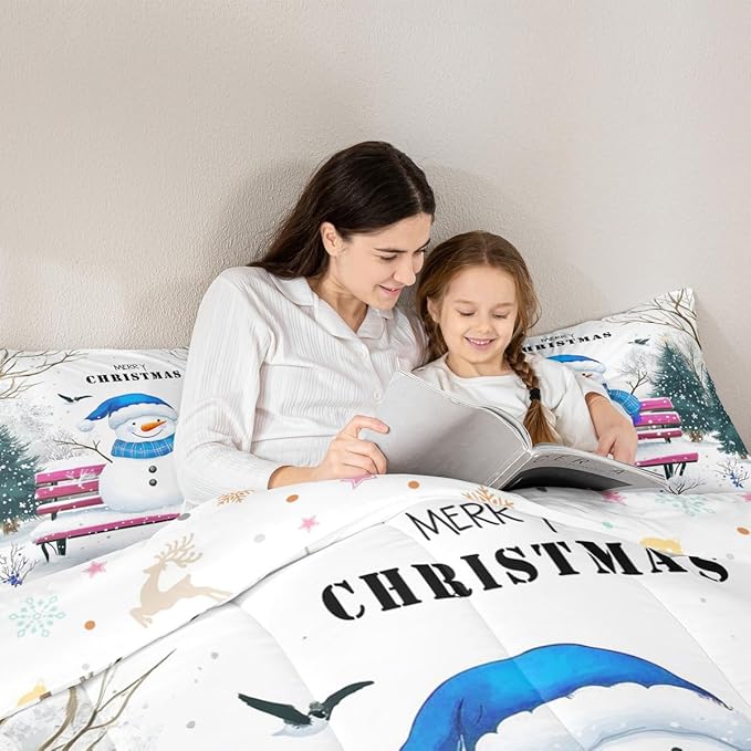 Feelyou Merry Christmas Bedding Set Soft for Boys Girls, Cute Snowman Comforter Set King Size Snowflake Duvet Quilt Microfiber Christmas Tree Bedroom Decor 3 Pcs with 2 Pillow Cases