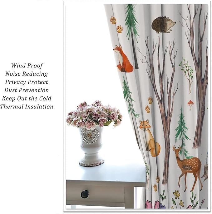 Forest Animal Kids Curtains, Watercolor Cartoon Window Treatments, Cute Animal Floral Girl Toddler Home Bedroom Living Room Drapes 84x84in