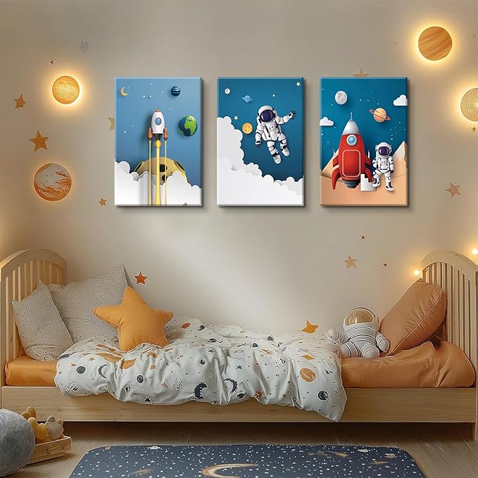 3Pcs Astronaut Canvas Wall Art Nursery Space Adventure Wall Decor Whimsical Space Themed Posters Artwork Rocket Spaceship Prints Pictures for Kids Room Boys and Girls Bedroom (12x16in Canvas)