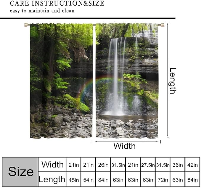 Natural Landscape Waterfall Blackout Curtains, Forest Falls Spring Natural Scenery Green Plant Tree Leaf Rod Pocket Window Drapes, for Bedroom Living Room 55" W X 63" L