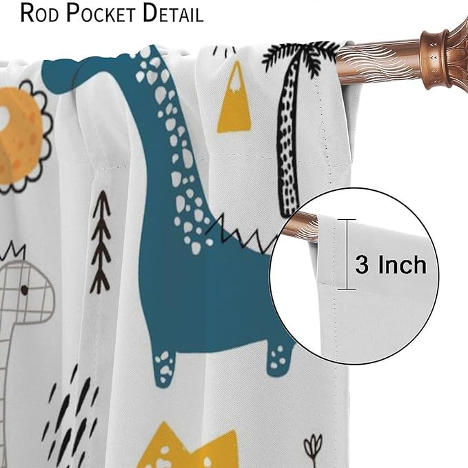 Dinosaur Curtains, Cartoon Dino Cute Safari Animal Print Pattern Blackout Window Treatments, Rod Pocket Thermal Insulated Drapes 2 Panel Sets for Kids Boys Bedroom Nursery Classroom, 72" W X 63" L