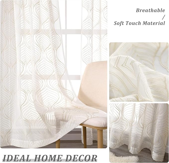 VISIONTEX Sheer Curtains 108 Inches Long 2 Panels Set Beige Moroccan Embroidery Texture Geometric Rod Pocket Ivory White Voile Tulle Semi Window Treatment Pair for Bedroom Living Room 54 x 108 Inches