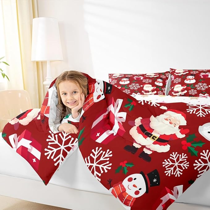 jejeloiu Merry Christmas Comforter Set Full Size Xmas Santa Claus Bedding Set for Kids Boys Girls Cute Snowman Duvet Quilt Red Bedroom Decor