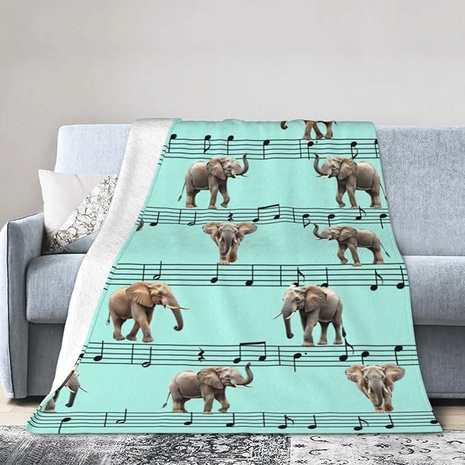 Elephant Blanket Musical Notes Decor Throw Blanket Super Soft Flannel Lightweight Fluffy Plush Fuzzy Fleece Blanket Gifts for Girl Woman Boys Kids Adults Man for Bed Sofa 60"X80"