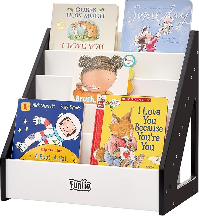 FUNLIO Montessori Bookshelf for Toddlers 1-5 Years, Front-Facing Kids Bookcase with Handle & Anti-Tilting Device, Premium Pine Baby Bookshelf, Children's Bookcase for Nursery/Classroom - Black &White