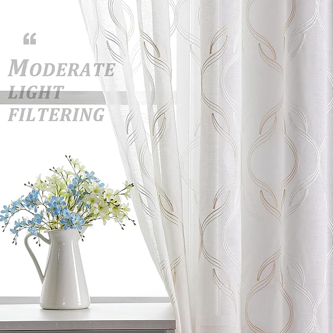 VISIONTEX Sheer Curtains 108 Inches Long 2 Panels Set, Beige and Ivory Two Tone Textured Moroccan Embroidery Geometric Rod Pocket Ivory Voile Tulle Semi Window Treatment Pair for Bedroom, W54 x L108
