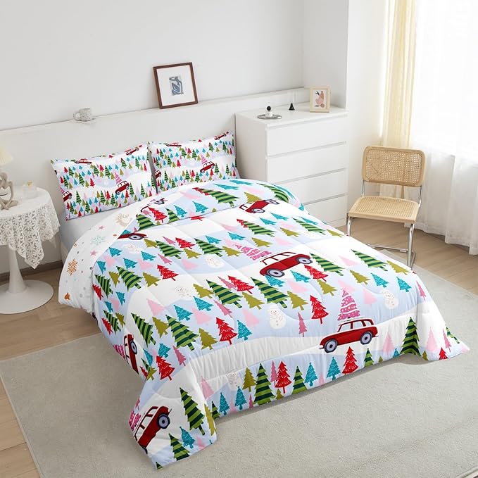 Feelyou Christmas Trees Bedding Set for Kids Boys Girls Queen Size Christmas Truck Comforter Set Ultra Soft Winter Snowman Comforter Xmas Duvet Quilt Bedroom Decor Christmas Ornaments Quilt