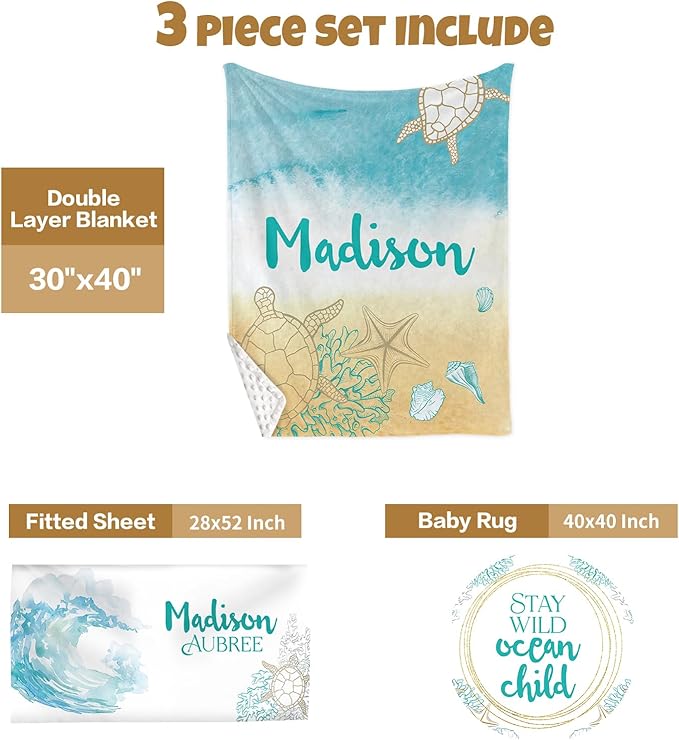 Custom Baby Crib Bedding Set, 3 Pcs Personalized Nursery Bedding Set with Name, Soft Baby Bedding Crib Sets with Blanket - Toddler Crib Sets for Girls Boys, Infant Newborn Gifts, Blue Ocean